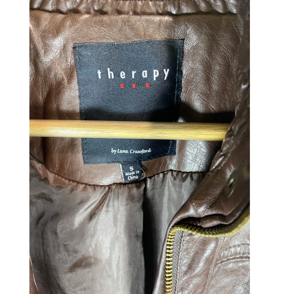 Therapy Brown Vegan Leather Smocked Bomber Jacket Womens Small Edgy Street  Moto - Picture 5 of 10
